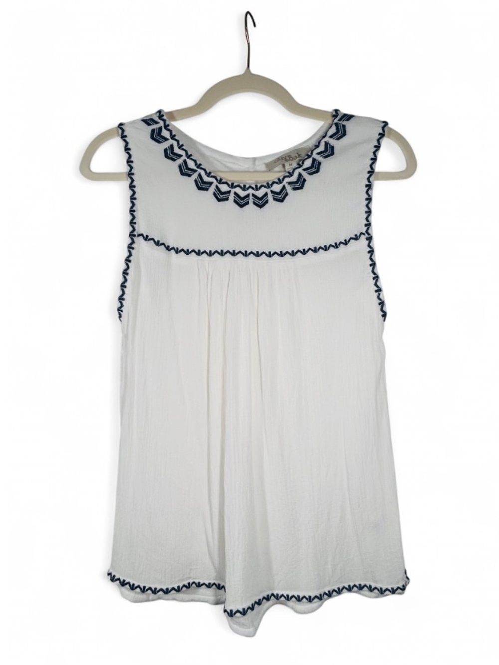 Olive & Oak White Sleeveless Embroidered Yoke Tank with Navy Trim